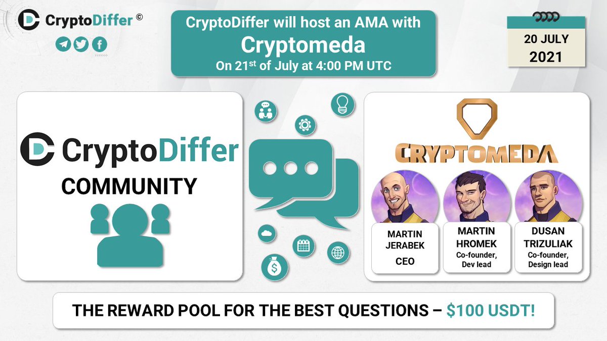 swarmresistance's tweet photo. ⚡️✨AMA EVENT✨⚡️

Cryptomeda will hold an AMA session @CryptoDiffer

⏲️ WED 21st July @ 4:00 PM UTC 
📍https://t.co/Dd1VNBzGLn

Learn more about Cryptomeda here: https://t.co/UaCsBHiRMI

$TECH #NFTs #nftart #NFTCommunity #nftcollector #CryptoNews #gaming #BTC #FANART #AMA https://t.co/XyhzycZtQT