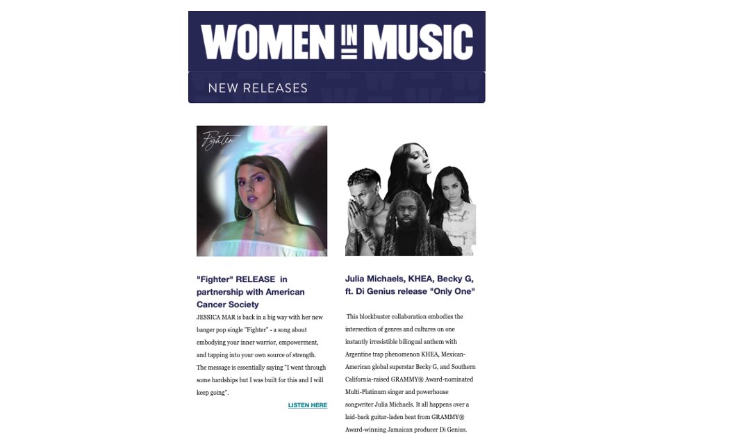 THANK YOU <a href="/womeninmusicorg/">Women In Music</a> for featuring #Amuxe artist <a href="/thejessicamar/">Jessica Mar</a> and her new single #Fighter.
So proud to see her picture next to icons like <a href="/iambeckyg/">Becky G</a> <a href="/juliamichaels/">ؘ</a> <a href="/DiGenius1/">Di GENIUS</a> &amp; <a href="/kheayf/">KHEA</a> 
Stream &amp; donate to <a href="/AmericanCancer/">American Cancer Society</a> here: li.sten.to/JessicaMar