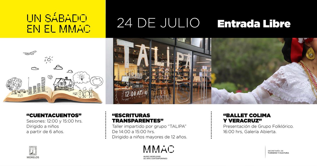 mmacjs's tweet photo. Te invitamos a "Un sábado en el MMAC", compartiremos literatura, cuenta-cuentos y ballet folklórico. Ven, te esperamos a partir de las 12:00 hrs #MuseoSeguro #VenalMMAC
#MMACJS #MMAC #MuseoSeguro #ArteYArt #Julio #cuernavaca #Morelos #findesemena https://t.co/hbAM2eTYJU