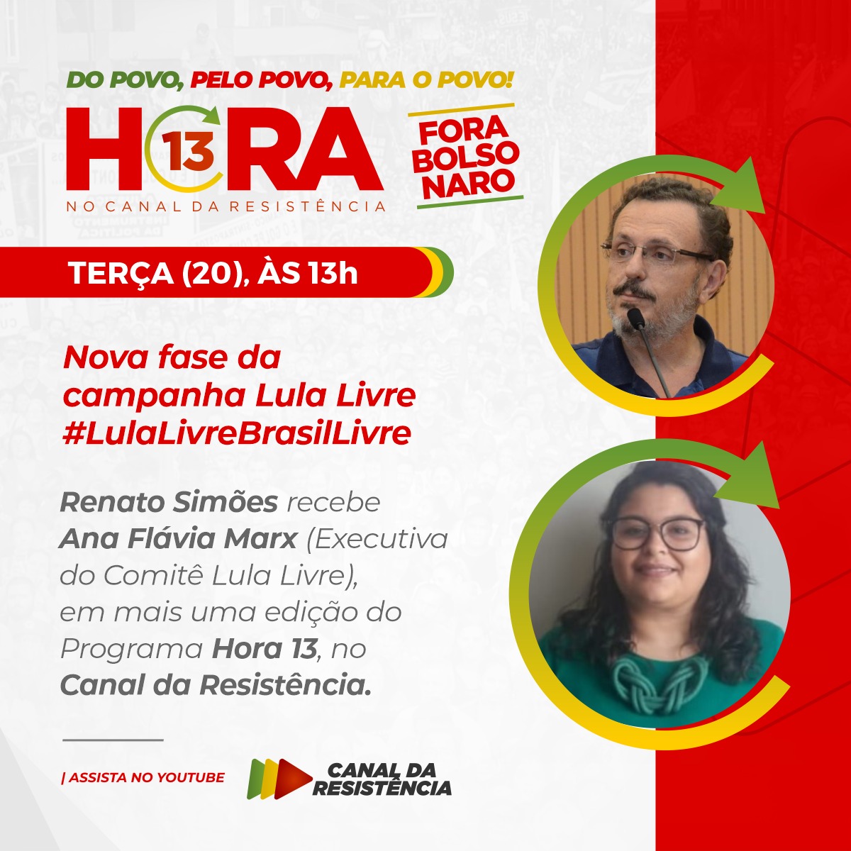 renatosimoespt's tweet photo. Nova fase da campanha #LulaLivre: #LulaLivreBrasilLivre! Vamos conhecer um pouco mais dos rumos da campanha com Ana Flávia Marx, do @ComiteLula, depois das conquistas do #AnulaSTF e #MoroSuspeito. No #Hora13 de hoje, às 13h pelo YouTube e páginas associadas ao @CanaldaResistn1! https://t.co/iae0fqZtAz