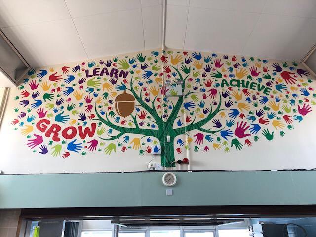 PCABlackpool's tweet photo. Our fantastically designed mural now takes place centre stage in our hall. We couldn’t think of a better design to share together! 🎨

“We grow together, we learn together, we will achieve our best together” 

#GrowLearnAchieve 
@PCAsecondary @PCAsecondary @PCAWSFC @SeaViewTrust https://t.co/M5ATnp5ttL