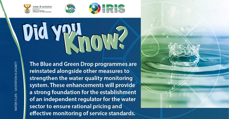 DWS_RSA's tweet photo. DID YOU KNOW? The Blue and Green Drop Certification Programmes are reinstated alongside other measures to strengthen the water quality monitoring system.
@LindiweSisuluSA #BlueDropGreenDrop