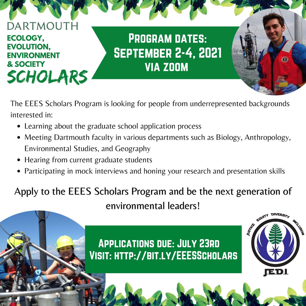 Hi All! Reminders again that our EEES Scholars apps are due Friday, July 23rd at 11:59pm EST. Please apply and forward to anyone who may be interested!
