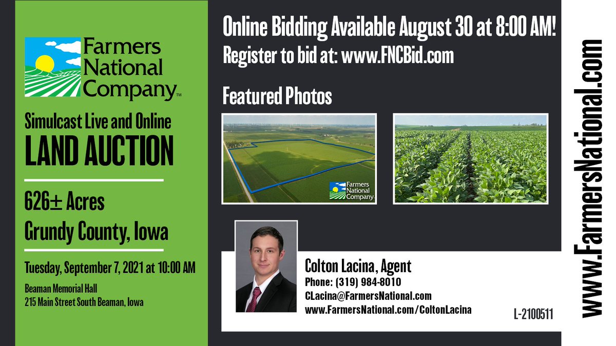 FNC is proud to offer Section 4 of Felix Township, Grundy County, Iowa encompassing 626.0+/- acres. The land will be divided into four tracts selling buyer's choice! Each tract offers outstanding soil quality with CSR2 values ranging from (84.2 - 92.0).
farmers-national-company.com/L-2100511