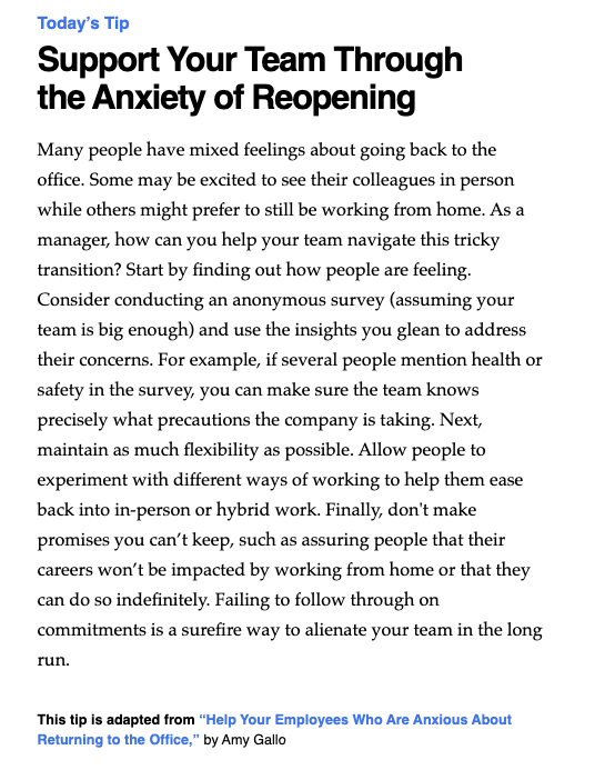 parsonsdialogue's tweet photo. I am generally pretty aligned with messages from HBR, but I think this one is a bit off.  If you think there's anxiety in the room - a thoughtful conversation is a better option than an anonymous survey.  #facilitation #dialogue #groupprocess https://t.co/0Pg0n8zEGX