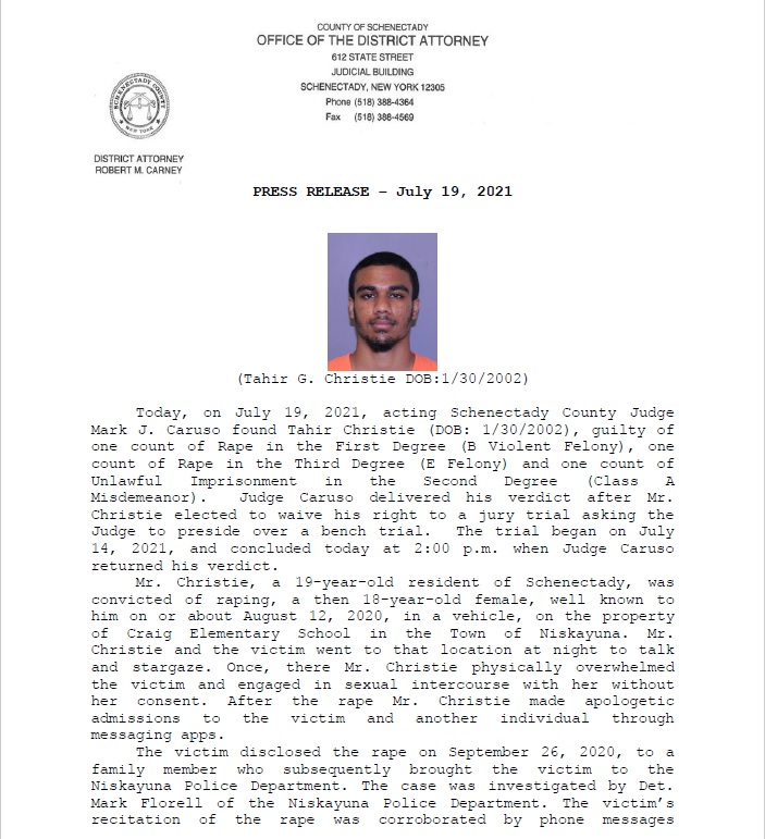 DASchenectady's tweet photo. Schenectady man found guilty of Rape in the First Degree after bench trial in Schenectady County Court. Please see attached press release. https://t.co/pFhkJktE9M
