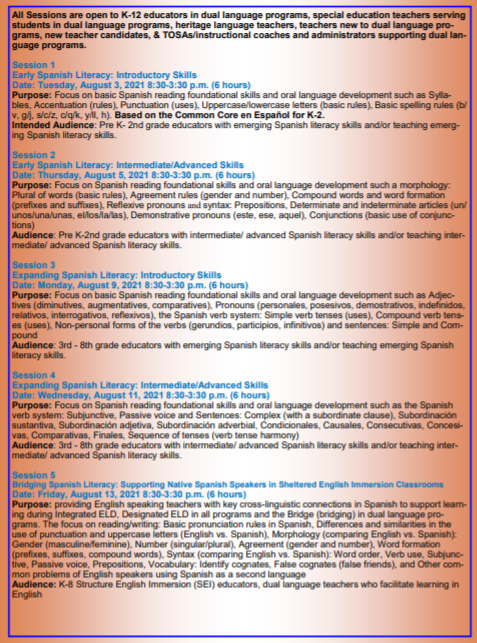 echolreves's tweet photo. 2/2 Spanish Literacy Summer Series (SLSS)! Whether you teach SEI, a novice DL teacher, or an advanced multilingual educator, there is a session just right for your Spanish language growth! Descriptions below. @brown914 @OxnardSD @HuenemeElemSD @DrLeticiaQRamos @RioSDLive https://t.co/CfnqAao9vF
