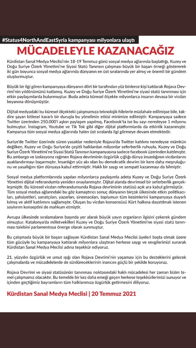 Kurtuluş İçin Son Sözümüz Birlik Mücadele Zafer!!! #Status4NorthAndEastSyria