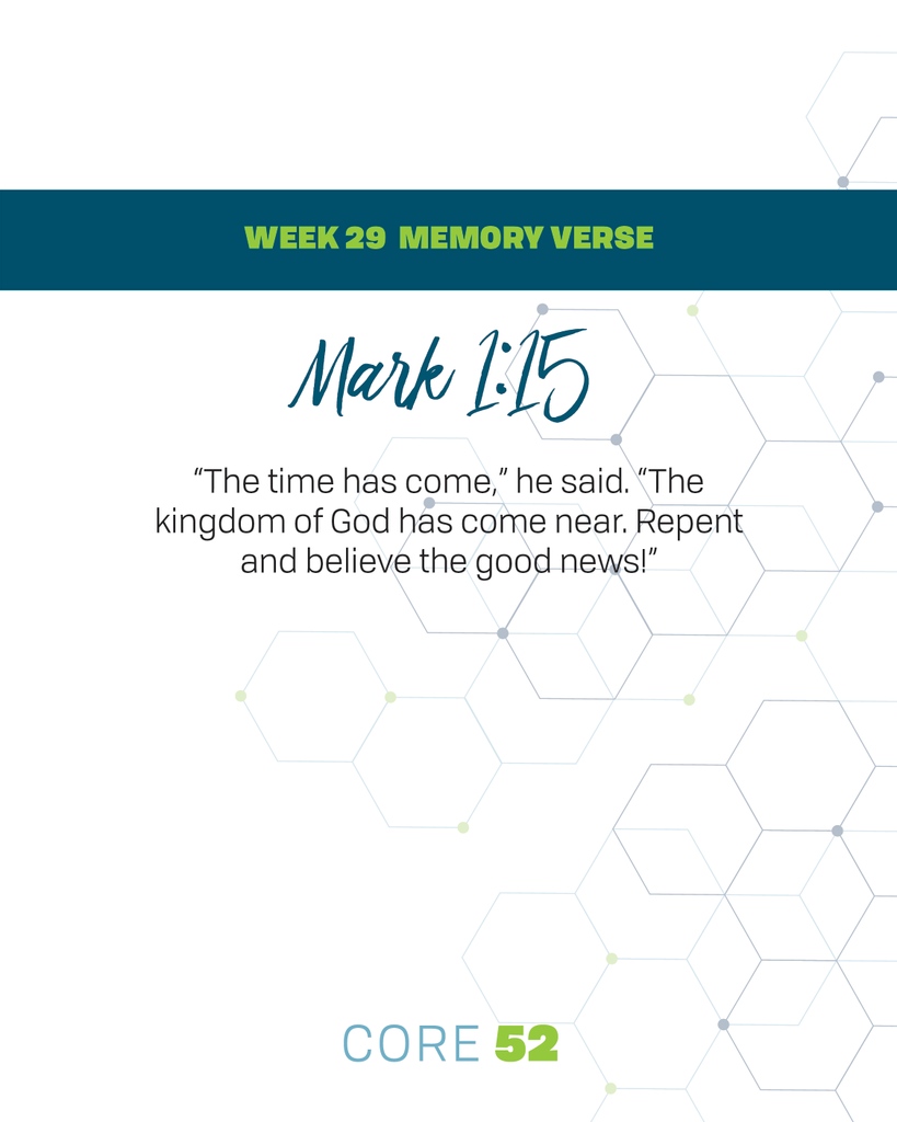 gcctweets's tweet photo. This week's memory verse is Mark 1:15 - “The time has come,” he said. “The kingdom of God has come near. Repent and believe the good news!”

#Core52 #LoveGrowInspire #GreenwoodCC https://t.co/APbIzRD92P