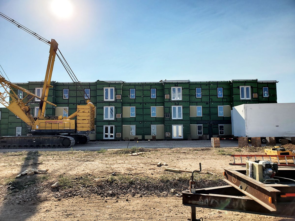 Base4_aec's tweet photo. Windows and doors can be seen already in place on this modular development in Midland, TX. Stay tuned for more. #modularconstruction #modular #construction #ZModular https://t.co/3GMNRcm14X