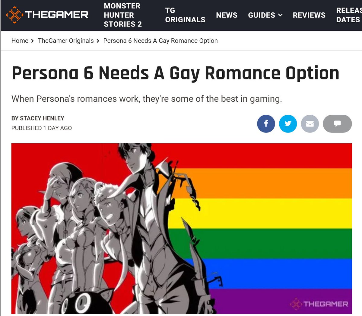 The Gamer記事 ペルソナ6で問題的要素を排除 クィア代表の為にクィア系恋愛ルートを追加せよ 全てのゲームはゲイでなければならない Togetter