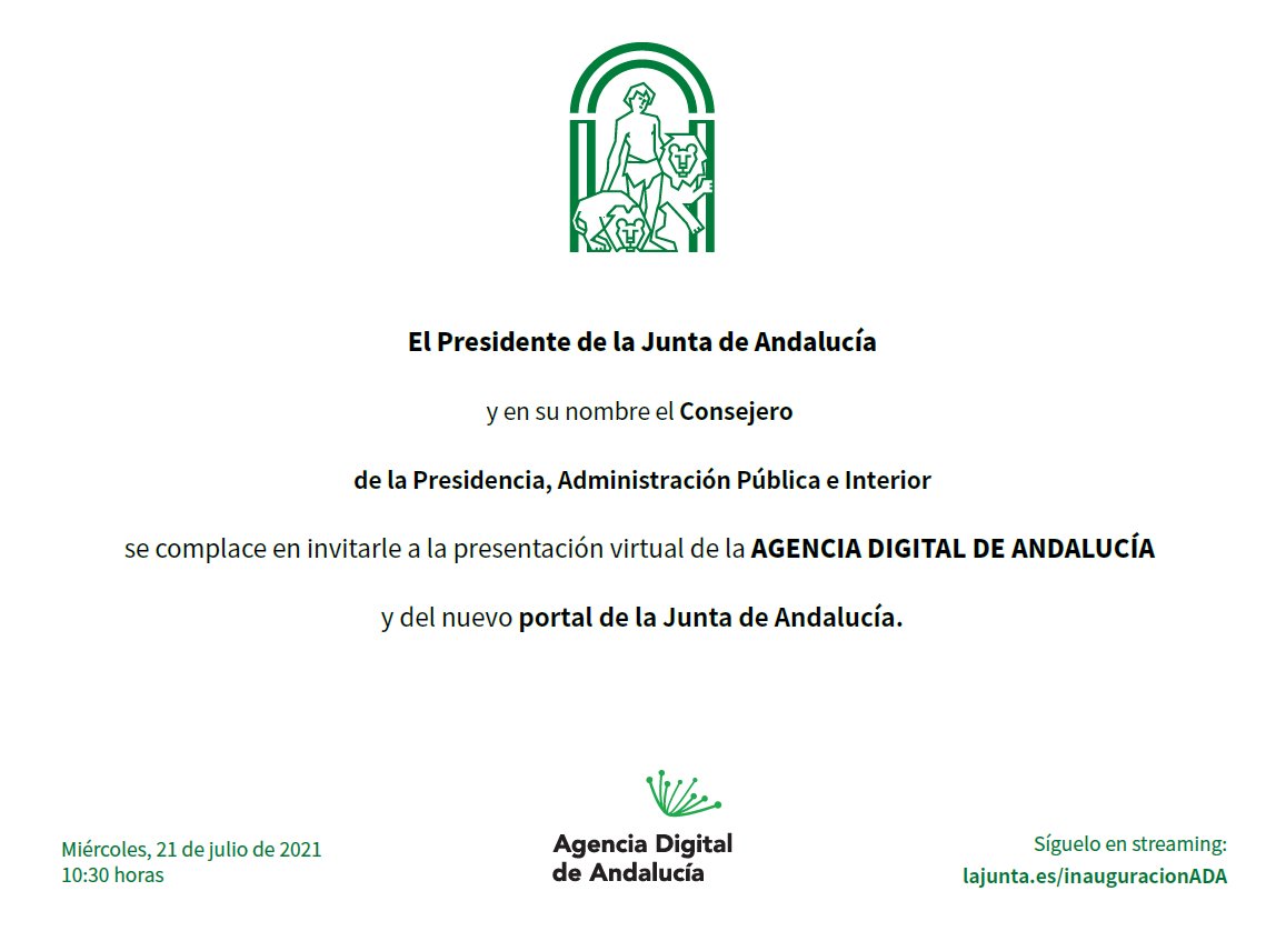 Nuestro primer tweet 
¡Una invitación!
Queremos que nos acompañes en nuestro primer evento virtual.
Mañana, a las 10:30 h. conéctate a la presentación oficial de la Agencia Digital de Andalucía e iniciemos juntos este viaje. ➡️lajunta.es/inauguracionADA

#AndalucíadigitalizADA
