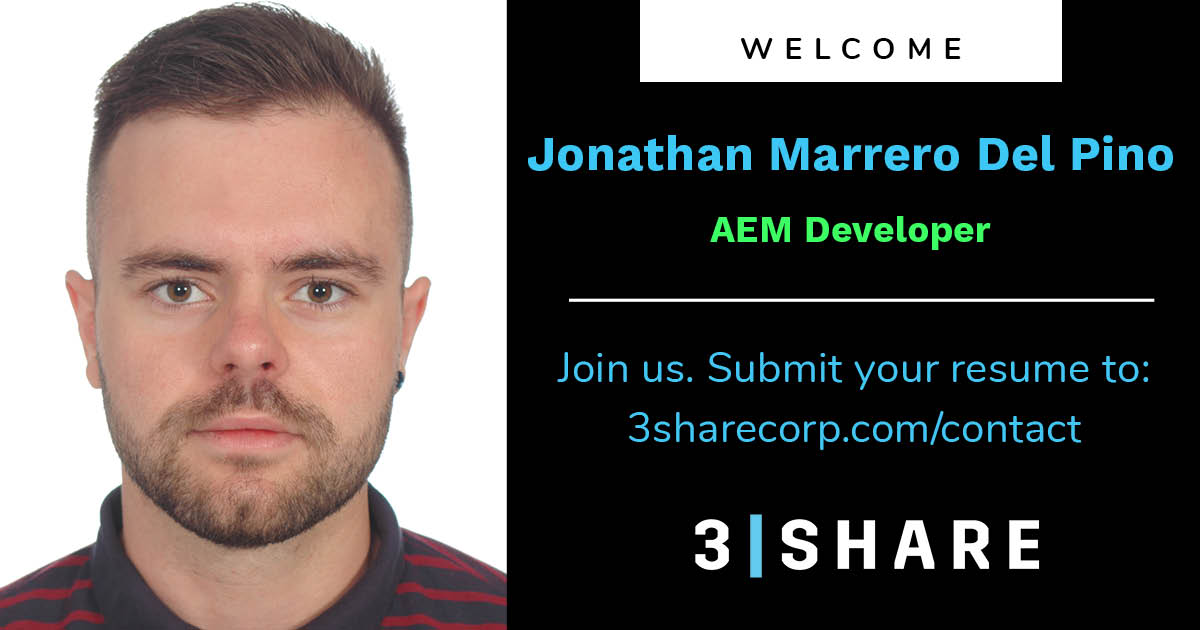 3SHARE's tweet image. Welcome #aemdeveloper Jonathan Marrero Del Pino! He joins us from Tenerife. Suddenly everyone on the team wants to vacation there! He loves technology both as his profession and hobby. Join the 3|SHARE team too: 3sharecorp.com/contact.
#newhire  #remotejobs #remotedeveloper