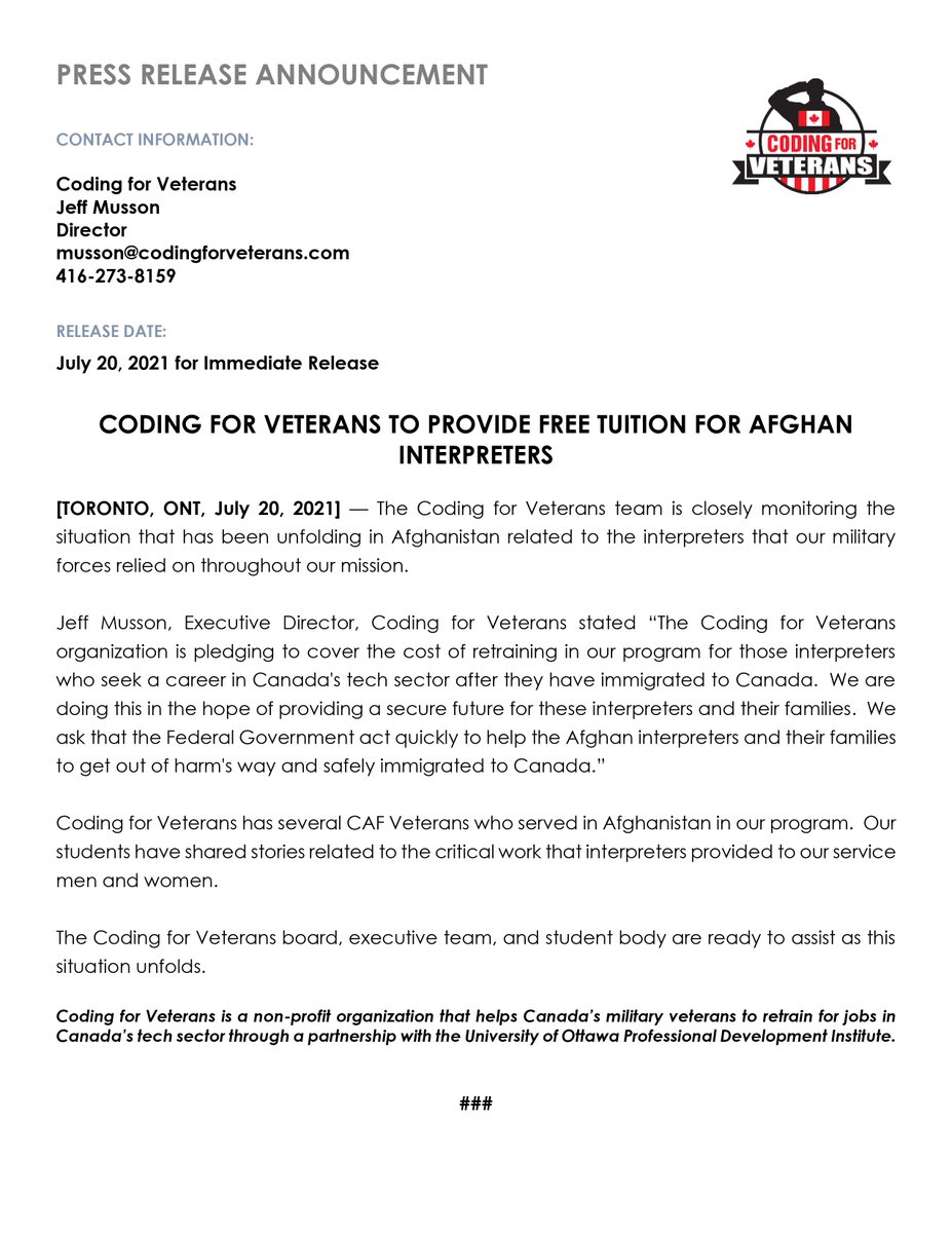 Coding4Veterans's tweet photo. We need to protect the Afghan interpreters who supported our mission. C4V is pledging to cover the cost of retraining in our program for those interpreters who seek a career in Canada's tech sector after they have immigrated to Canada.@JustinTrudeau @marcomendicino @HarjitSajjan https://t.co/rQ8UCh3uPb