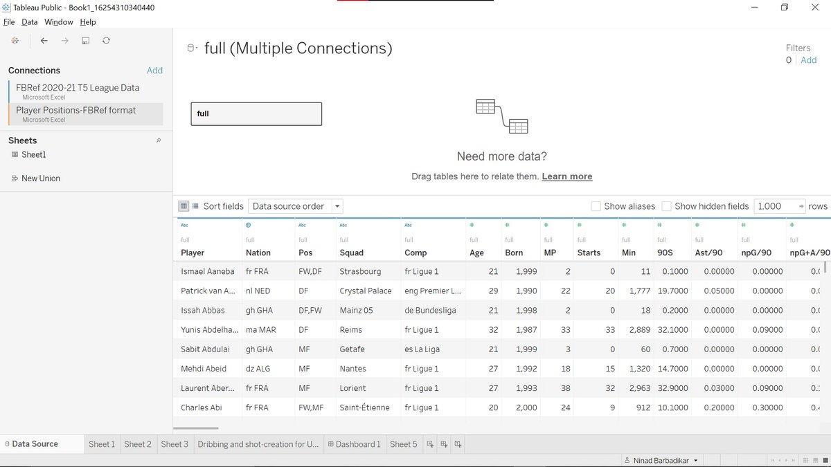 Now, if you don't see the data on your source screen, don't worry, it's because you haven't linked it with your primary data source, which is the FBref data set, so let's do the linking next.You'll see that my 2nd sheet is now under connections.