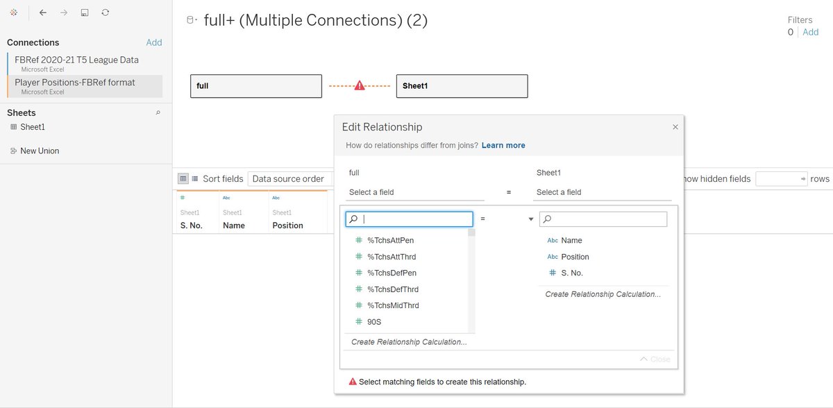 Now, this is the *important* bit. Tableau has linked the two datasets but because you haven't defined the relationship, it is confused. So what you've got to do is define the relationship between the two data sources.