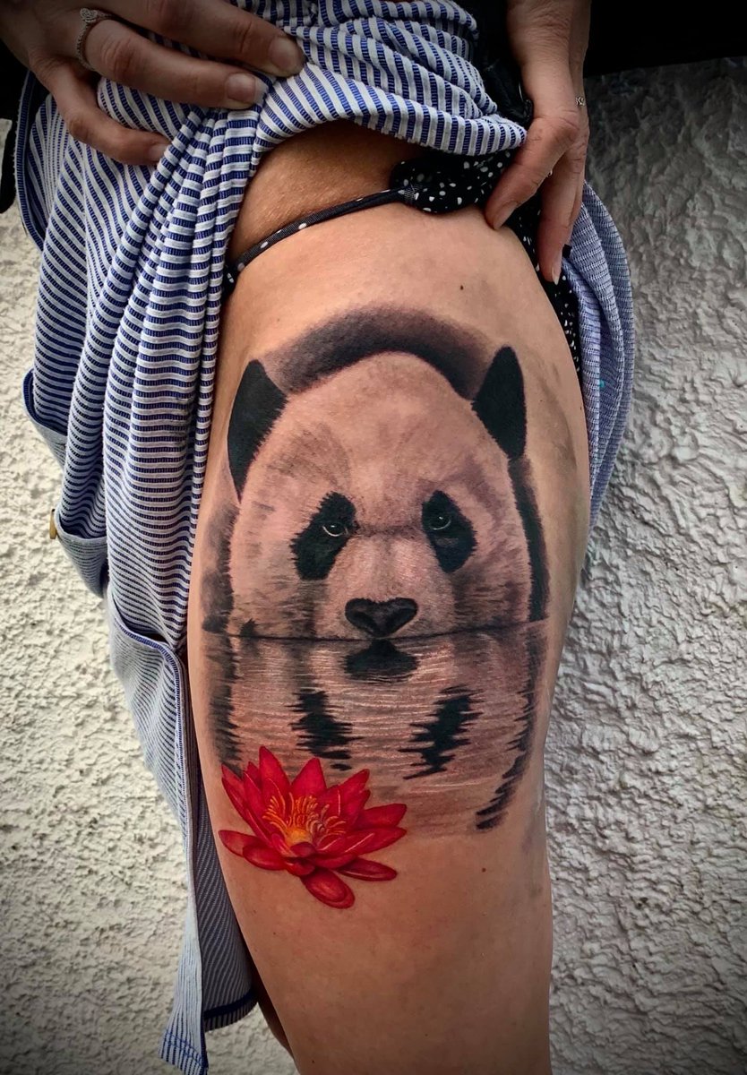 AlexCrookTattoo's tweet photo. Not so little Panda and flower. Potentially will be adding to this side/top of this piece in the future too! #Legtattoo #panda #Tattoo #AlexCrookTattooist https://t.co/Aand9GNnjn