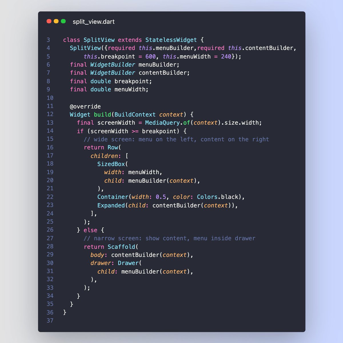 biz84's tweet photo. #FlutterDev Wanna create a reusable split-view widget that works on mobile, desktop and web?

You can do this in 30 lines of code, without any 3rd party packages: 👇

(spoiler alert: responsive layout tutorial incoming) https://t.co/yCdhMFlBBC