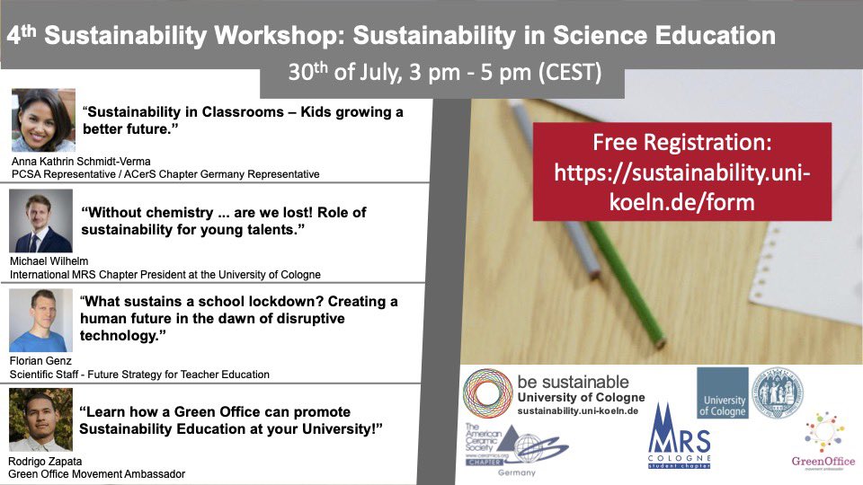 We are delighted to invite you to the next Sustainability Workshop that focuses on Quality #Education (#SDG no. 4) from the #Sustainability Initiative #Cologne <a href="/GO_Koeln/">Green Office Köln</a> <a href="/ACerSPCSA/">ACerS PCSA</a> <a href="/CologneMrs/">MRSCologne</a>