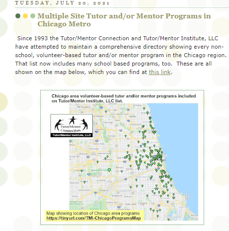 tutormentorteam's tweet photo. My map shows more than 150 locations offering #tutor and/or #mentor support to #Chicago area youth. However, it does not show multiple sites of some of the larger organizations. Thus, I created this article to I point to maps on @BBBSChi @ChicagoCYC @ULBGC65 &amp; @BGCChi websites. https://t.co/edFo2WFBgH