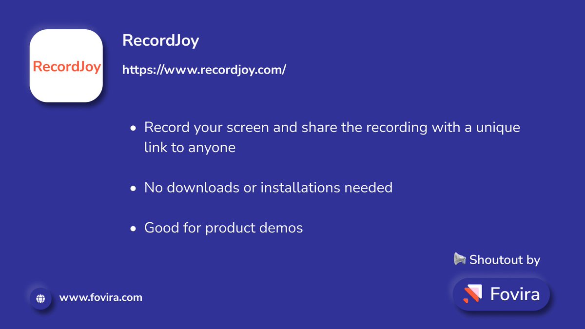 foviratech's tweet photo. 📢 Shoutout #41: RecordJoy - Record screen and share with a unique link

Get it from - https://t.co/kIgPcdYE2F

#FoviraShoutout #smallbusinesstips #marketing #screenrecording #record #video #productdemo #screensharing https://t.co/PstIGoVVfF