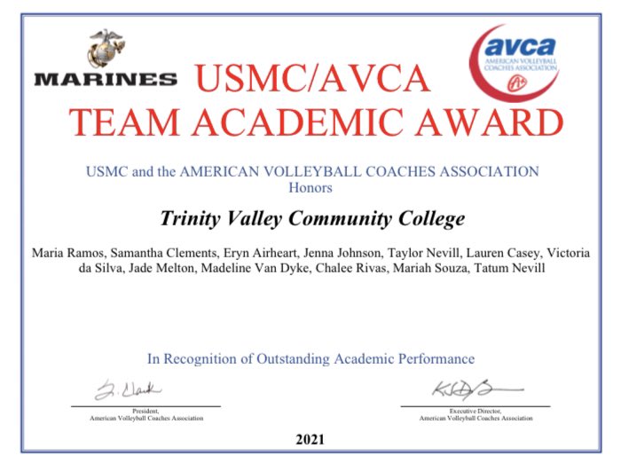 TVCCvball's tweet image. Another award for this TEAM ❤️
Not only the Team Academic Award but earning a spot on the Honor Roll after being top 20% in Team GPA across all two-year colleges! Congratulations ladies! #studentathletes #workhardstudyhard