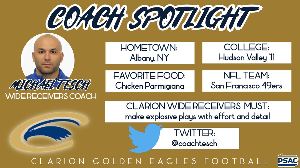 With many years of coaching experience at the Division 2, Division 3 &amp; JUCO level, <a href="/coachtesch/">Michael Tesch</a> looks forward to mentoring Clarion’s wide receivers in 2021. Learn more about Coach Tesch here⤵️

#CUlture🦅