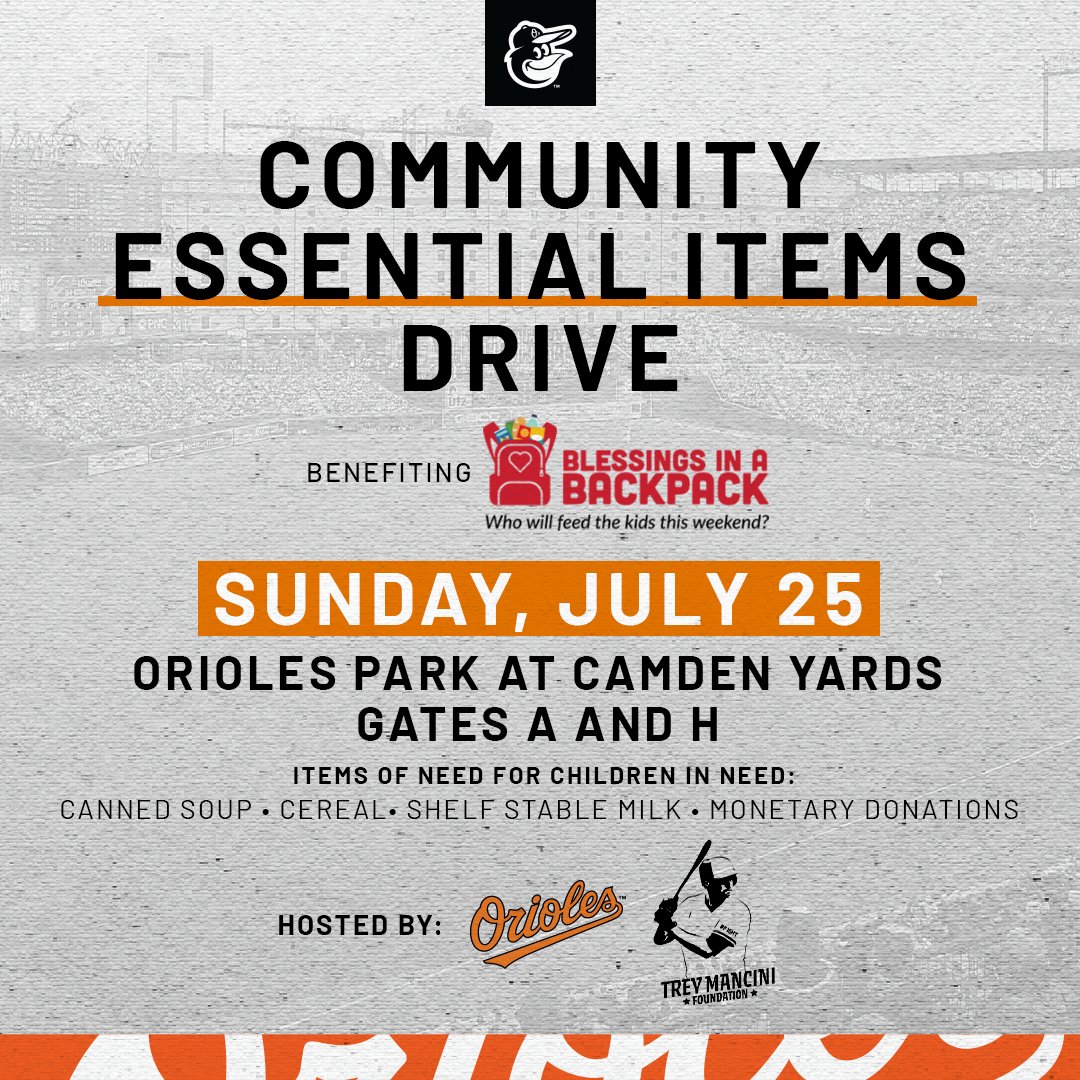 Baltimore Orioles (@orioles) on Twitter photo We're teaming up the <a href="/TreyMancini/">Trey Mancini</a> Foundation for an essential items drive benefiting <a href="/BlessinBackpack/">Blessings in a Backpack</a> on Sunday at The Yard!
Here's everything you need to know ⤵️ We're teaming up the <a href="/TreyMancini/">Trey Mancini</a> Foundation for an essential items drive benefiting <a href="/BlessinBackpack/">Blessings in a Backpack</a> on Sunday at The Yard!
Here's everything you need to know ⤵️