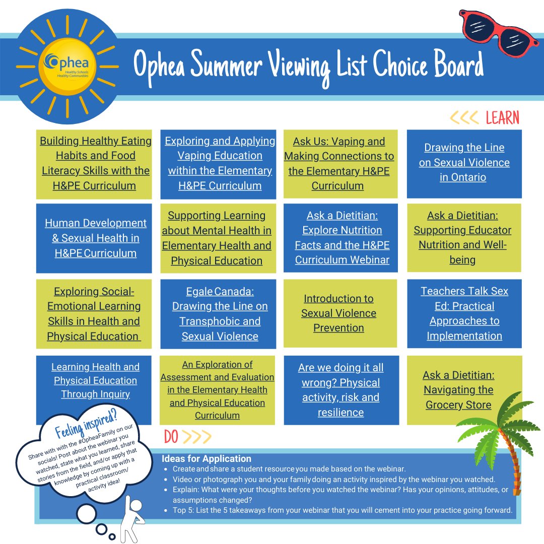 We're bringing back #WebinarWednesday's with a twist. Every Wednesday Ophea will be kicking off the discussion using our #SummerViewingList. If you're feeling inspired, feel free to share how you might put what you've learned into action in your classroom!