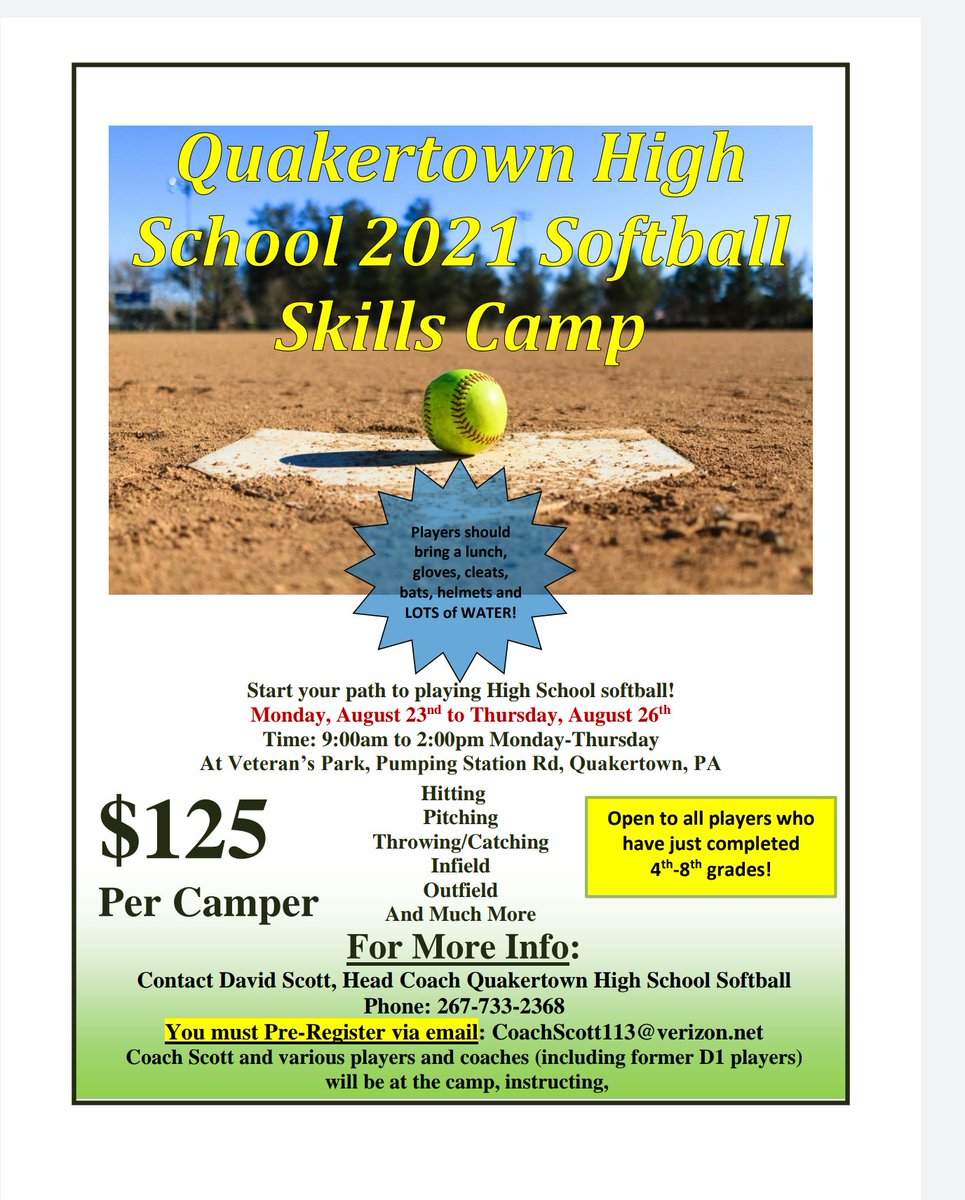 QHSSoftball's tweet photo. Announcing our first ever Summer softball camp!  This is a great opportunity to work with the HS players and coaches as you get ready for Fall Softball.  Please PM us if you are interested. https://t.co/L01OFFlmjL