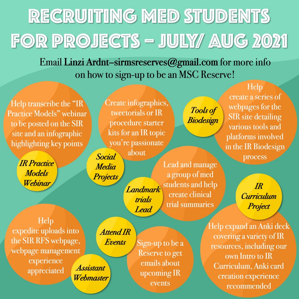 SIRRFS's tweet photo. Attn: Med Students interested in IR! SIR Med Student Reserves are recruiting students to help with future projects. Email Linzi Ardnt at sirmsreserves@gmail.com for more info! 
#MSCEdu21 #TwittIR #IRad #SIR #MedTwittIR #medtwitter https://t.co/8sxHDSfU4D