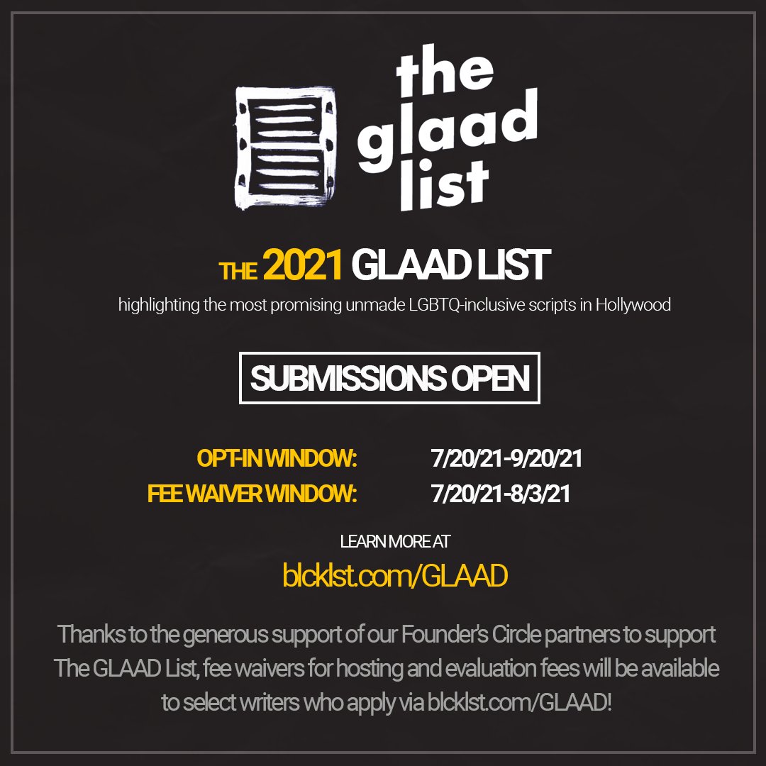 LaListaPodcast: RT @theblcklst: Great news for your Tuesday: Submissions are now OPEN for the third annual #GLAADList, created in collaboration with our partners @GLAAD to highlight the most promising unmade LGBTQ+ scripts! 

Read more: …