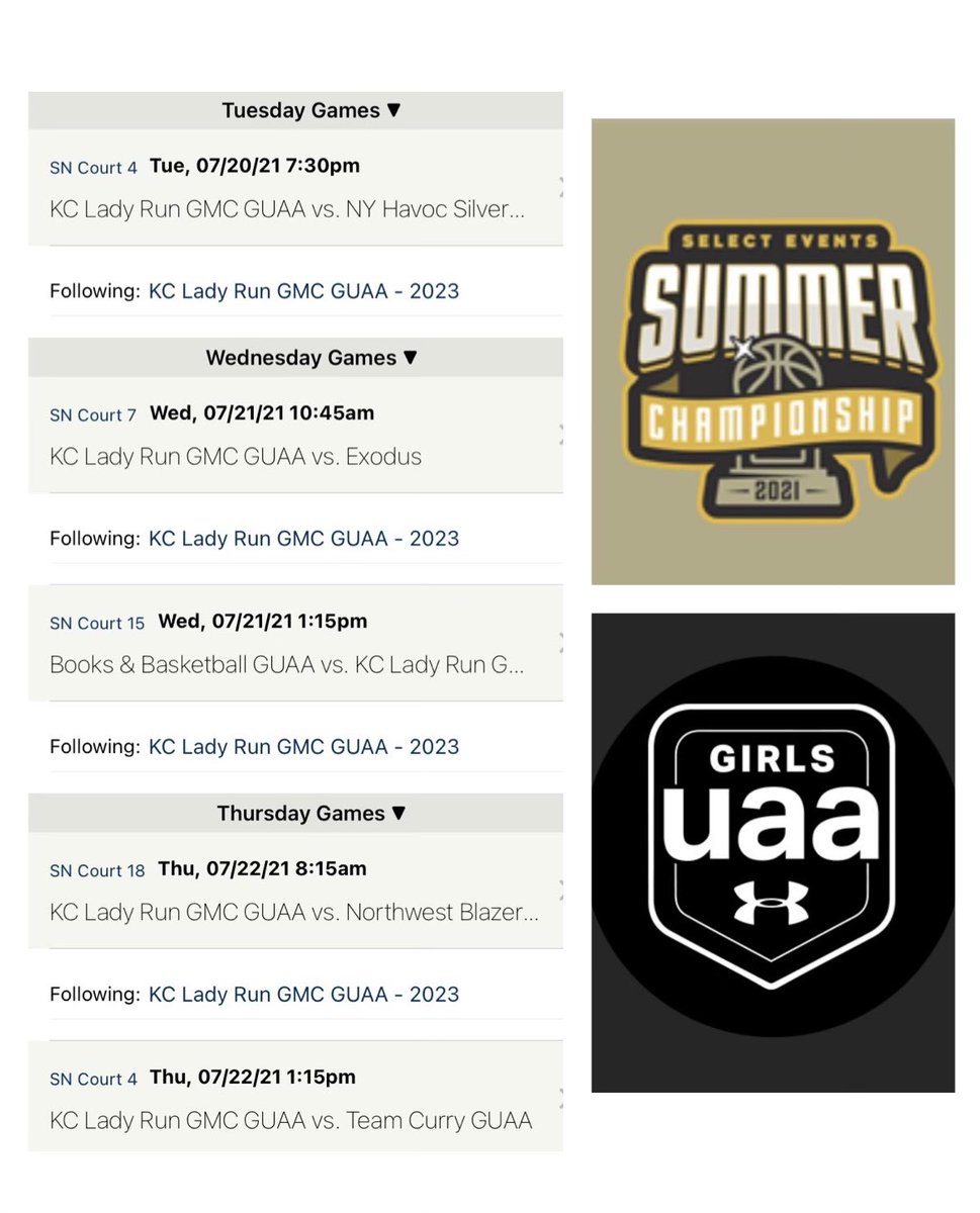 First schedule for this week in PA-Summer Championship! <a href="/SelectEventsBB/">Select Events Basketball</a> @GirlsUAA Finals to follow! <a href="/KCLADYRUNGMC/">KC Lady Run GMC</a> <a href="/InsiderExposure/">InsiderExposure</a> <a href="/PGHMissouri/">Prep Girls Hoops Missouri</a> <a href="/JrAllStarBB/">Jr. All-Star Girls Basketball</a> <a href="/WorldExposureWB/">World Exposure Report Women’s Basketball</a> <a href="/NookBasketball/">SpookyNookBasketball</a>