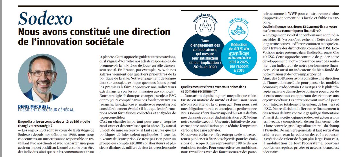 📰 A lire : "Comment concilier performance financière et engagements Environnementaux, Sociaux et de Gouvernance - #ESG?", <a href="/InvestirFr/">Investir</a>.
L'occasion pour moi de rappeler que pour @Sodexogroup, engagement sociétal et performance sont indissociables: il n’y a pas d’autre chemin. 🌍