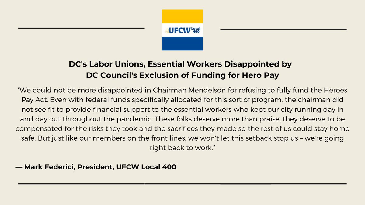 DCLabor's tweet photo. From Mark Federici, President, @UFCW400: #HeroesPayAct #DCEssential https://t.co/r3lMEdtdBV