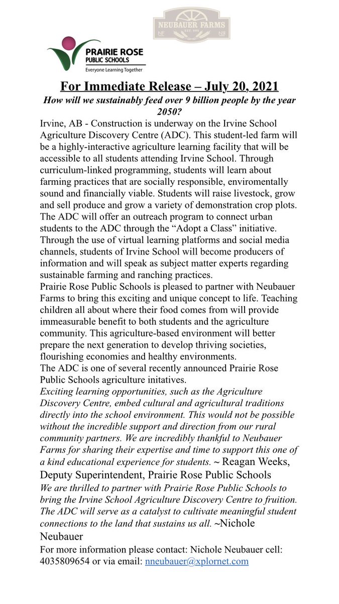 N_Neubauer's tweet photo. I am pleased to announce that Neubauer Farms has partnered with @PrairieRoseSD8 to create the #AgricultureDiscoveryCentre #ADC @irvine_school @DevinDVote @AgEd https://t.co/Fdv0Up3ty5
