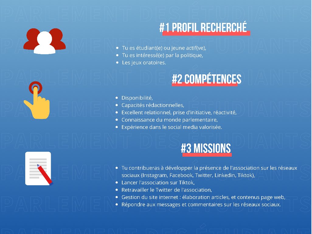 ParlementEtudia's tweet photo. ⭕ RECRUTEMENT ⭕

Le pôle « Communication» du Bureau national recherche :
UN(E) COMMUNITY MANAGER 👩‍💻🧑‍💻

➡️ Tu souhaites nous rejoindre : envoie nous ton CV et ta lettre de motivation à 
👉candidature@parlementdesetudiants.fr https://t.co/VCWHwz4XTA