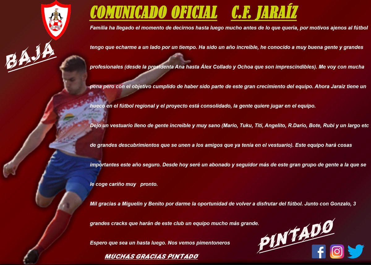 cfjaraiz's tweet photo. Será un hasta luego, ALEX PINTADO nuestro 8, tiene que aparcar momentáneamente su pasión por el fútbol, motivos laborales no le permite compaginar ambas cosas.
Mil GRACIAS  Alex, por este año, aquí tienes tú Casa. https://t.co/CB1CjRY6Pa