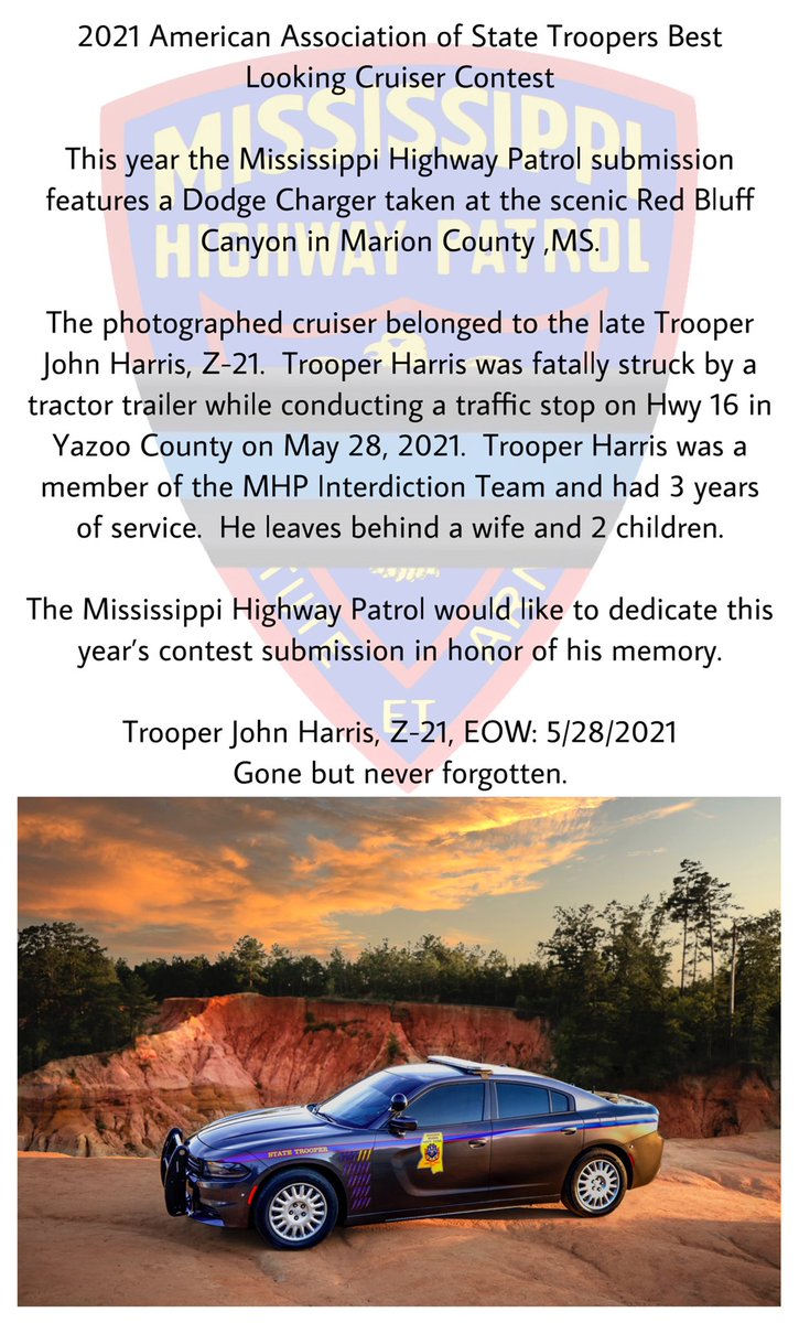 MSHwyPatrol's tweet photo. It’s that time of year again to vote for the AAST Best Looking Cruiser Photo submission.  Please go to link and scroll down and vote for the Mississippi Highway Patrol.  We need your help to pull this off.  Please RT. #VirtuteEtArmis
https://t.co/hQ1LOrIzWa https://t.co/TUqCT9FN8Q