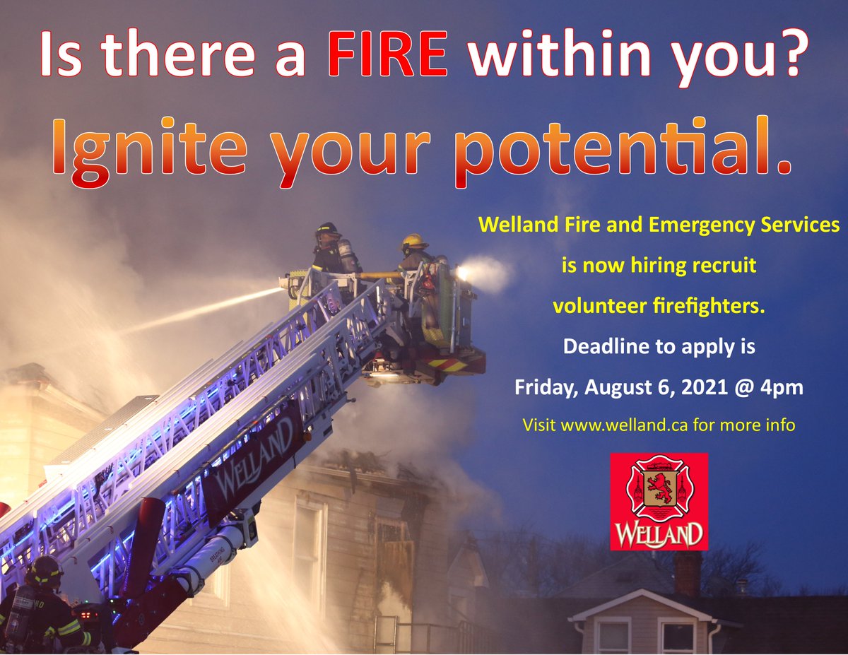 Welland Fire and Emergency Services is a composite fire department that is currently seeking recruit volunteer firefighters to join our team. Deadline to apply is Friday, August 6, 2021 @ 4pm. 

More information and the application package are available at welland.ca/Employment/Vol…