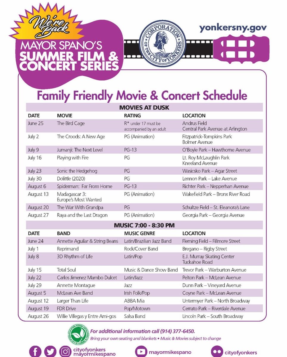 This Friday, July 23, @MayorMikeSpano's Summer Film & Concert Series presents Sonic the Hedgehog at Wasicsko Park - Agar Street! The movie begins at Dusk. Grab a chair and blanket to enjoy! For more information call 914-377-6450. https://t.co/e42ELrsvs8