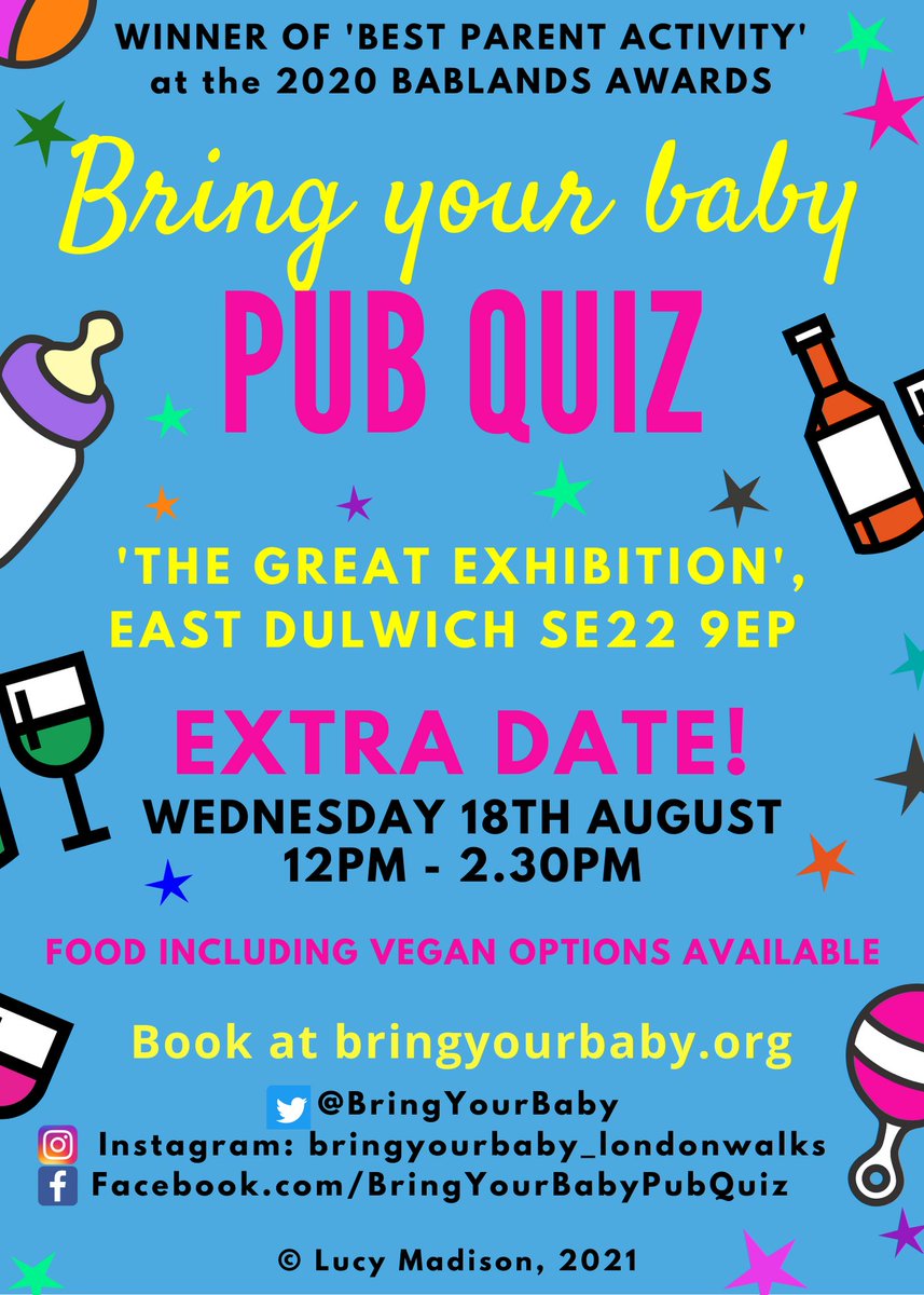 BringYourBaby's tweet photo. EXTRA DATE FOR EAST DULWICH! 

Tuesday 17th August has now sold out for BRING YOUR BABY PUB QUIZ AT The Great Exhibition, but we have added an extra date for the next day - Wednesday 18th August! 

I advise booking quickly before we sell-out again... https://t.co/wzigMuTSly https://t.co/DpIPB3wfLL