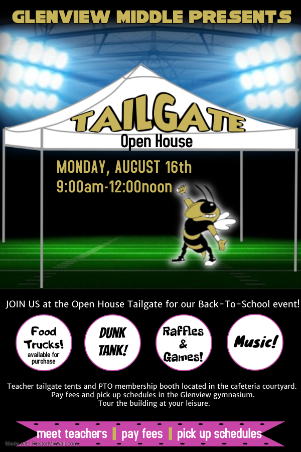 Glenview Middle (@glenview_middle) on Twitter photo Join us at the GMS Open House Tailgate Event! Drop in on Monday, August 16 from 9am-12pm. We are buzzing with excitement about the new school year! #GMSbuzz <a href="/AndersonFive/">Anderson Five</a> Join us at the GMS Open House Tailgate Event! Drop in on Monday, August 16 from 9am-12pm. We are buzzing with excitement about the new school year! #GMSbuzz <a href="/AndersonFive/">Anderson Five</a>