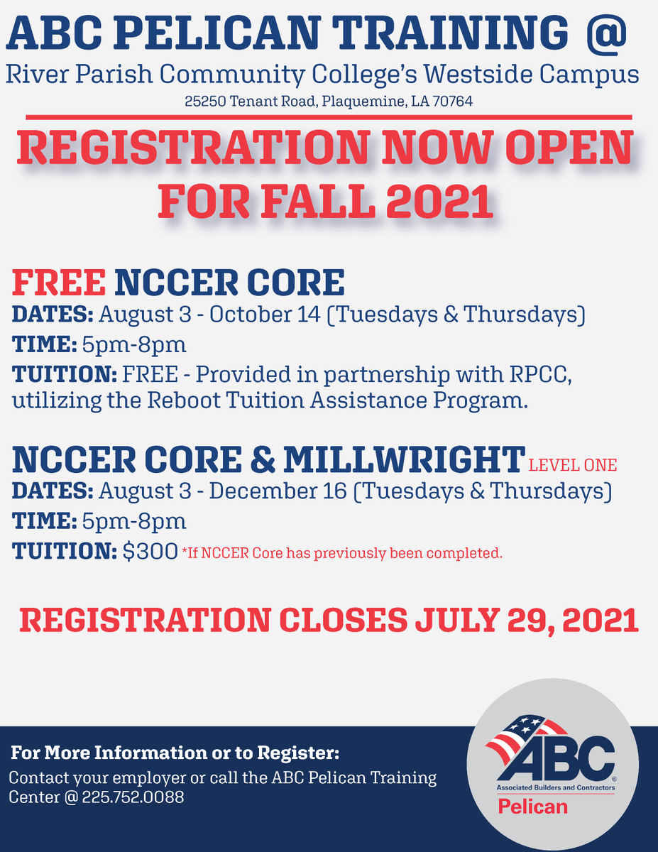 abcpelican's tweet photo. #ABCPelican along with @golctcs & @GBRIA are offering a FREE Core class & a combined Core & Millwright at RPCC's Westside Campus. For more information visit https://t.co/AGEuXxqWYu or call 225.752.0088. #abcmeritshopproud #crafttraining https://t.co/E4MabUbqaM