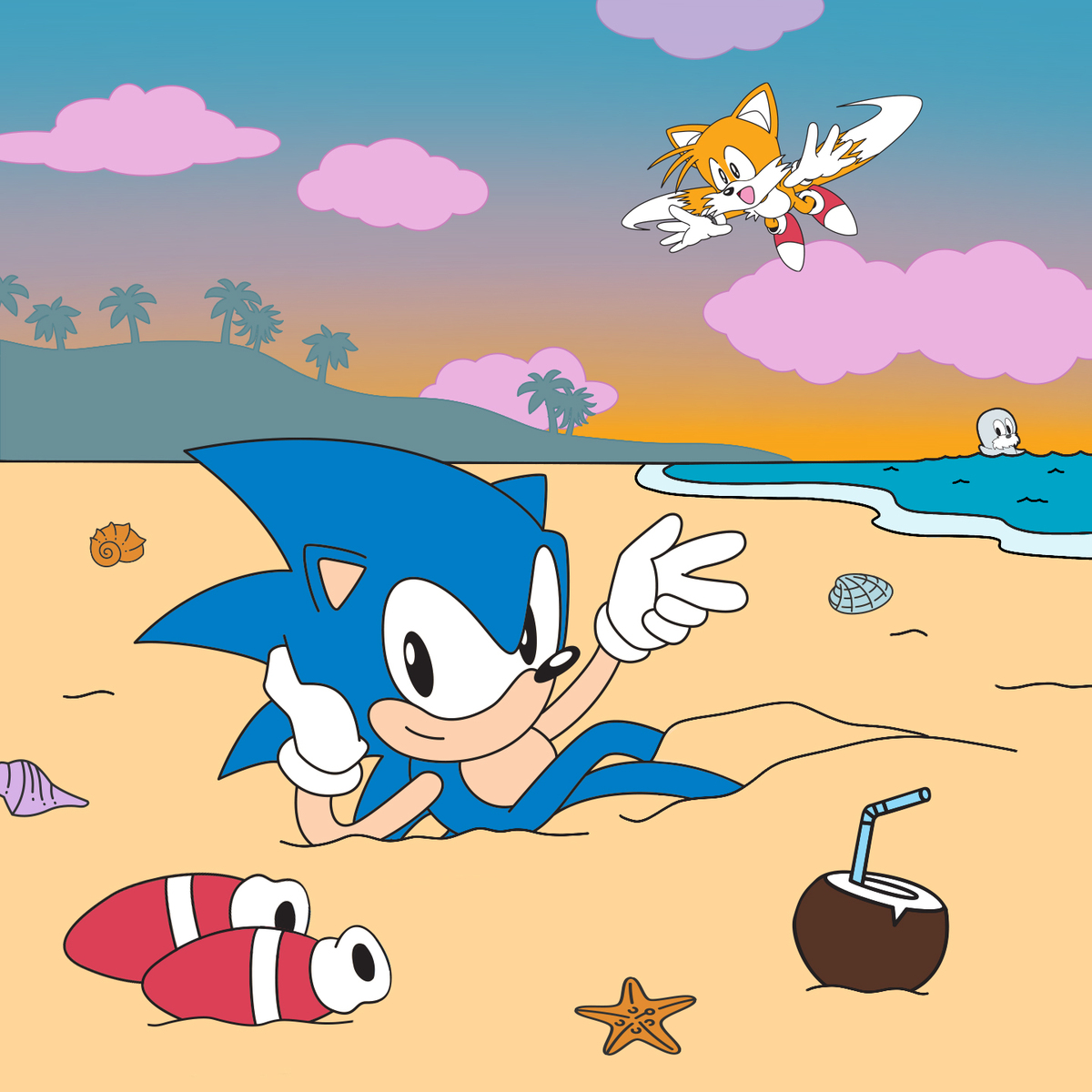 Sonic lounging with his feet in the sand at the beach as Tails flies overhead