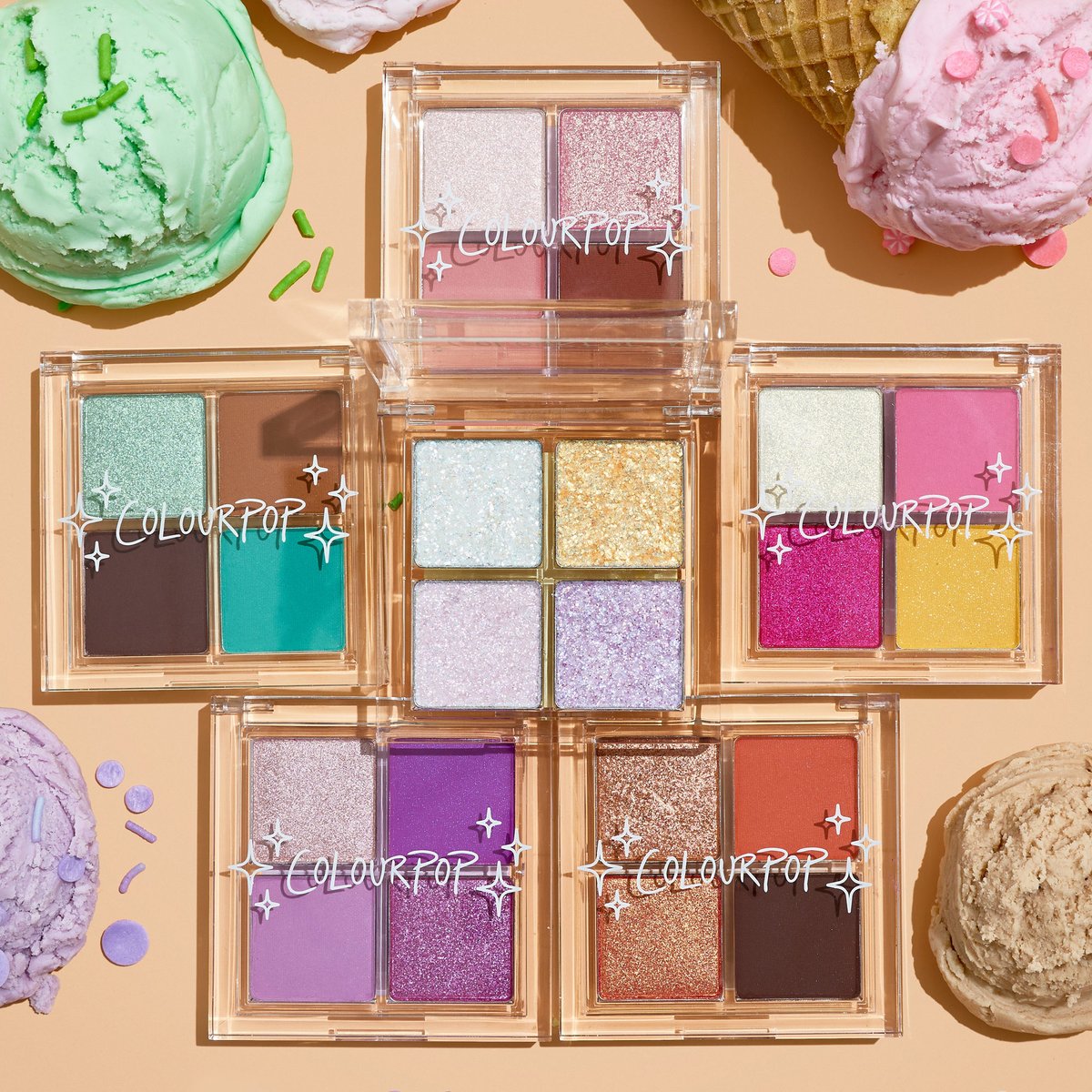 ColourPopCo's tweet photo. I scream, you scream.. Let us present ICE CREAM BITES! 🍦🍨🍧 Get ready to self serve the coolest new eyeshadow quads on 7/22 at 10am PST. 

What’s your flavor?

💛Sundae Funday 
💜Gimme Sugar 
💚Waffle Cone 
🧡Triple Scoop 
💕Extra Toppings
✨Rainbow Sprinkles https://t.co/4KieSWB6WL