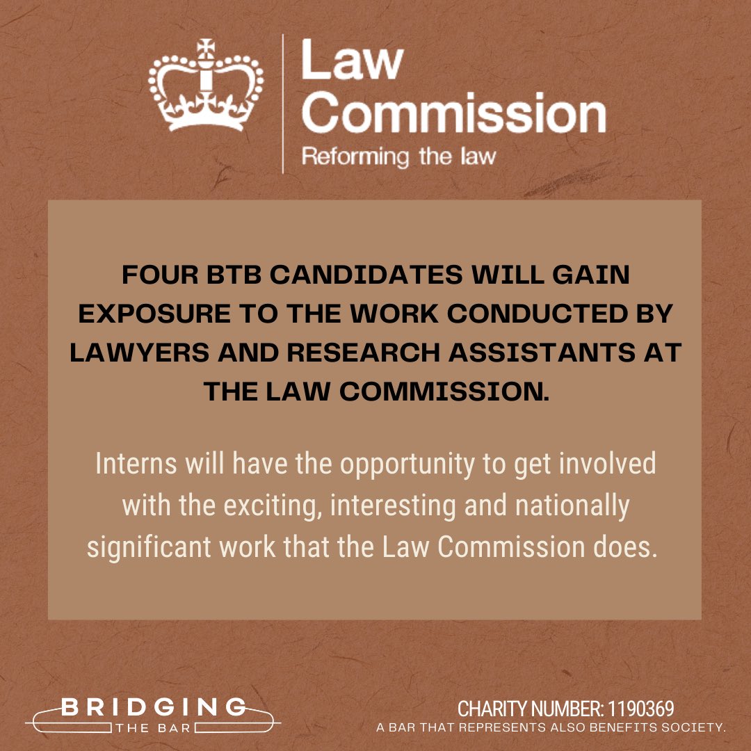 BridgeTheBar's tweet image. We are excited to announce our collaboration with the Law Commission to introduce a pilot internship programme for aspiring lawyers from underrepresented backgrounds.

*Applications are now OPEN!*

1/4