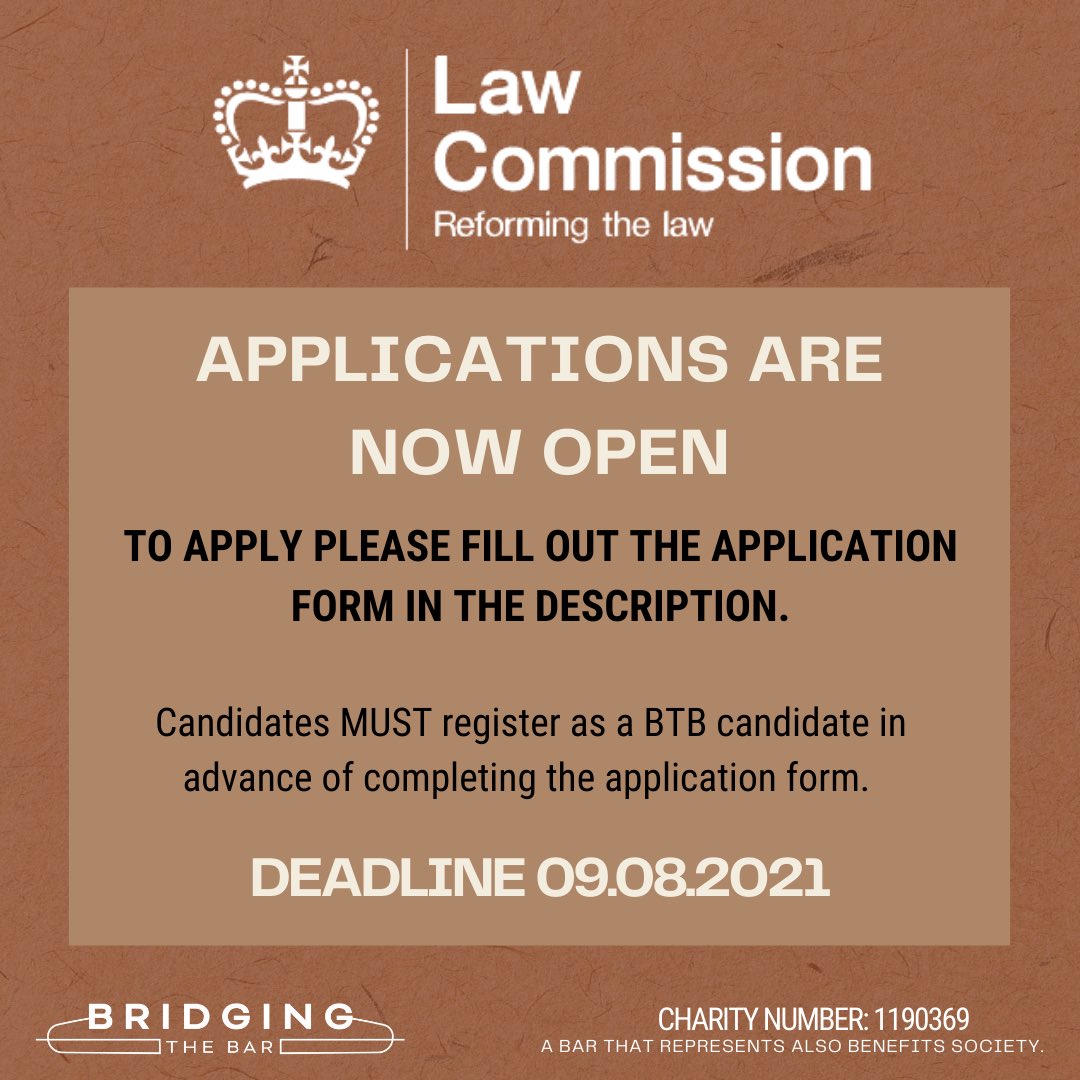 BridgeTheBar's tweet image. We are excited to announce our collaboration with the Law Commission to introduce a pilot internship programme for aspiring lawyers from underrepresented backgrounds.

*Applications are now OPEN!*

1/4