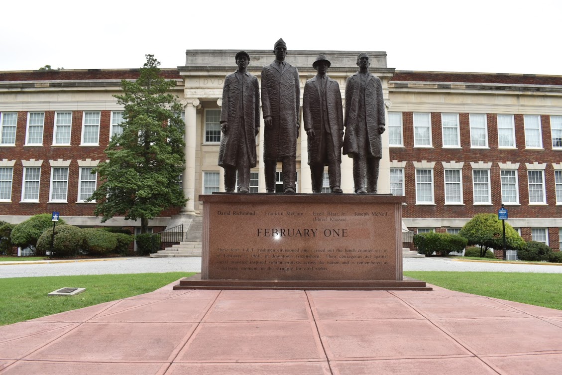 BigSouthSports's tweet photo. There's so much history on the campus of @ncatsuaggies! One example is the statue commemorating the A&T Four who, "took a stand by sitting down."
For more on the A&T Four, visit University Archives from @blufordlibrary: https://t.co/mfTdcipjeE
#NCATWeek https://t.co/wOMJiy98lS