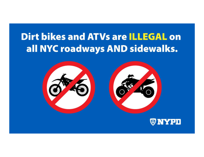 NYPD44Pct's tweet photo. Please be mindful that ATV's and Dirt bikes are illegal on NYC Roadways and sidewalks🏍️🚓 https://t.co/bH9hQS3RsU